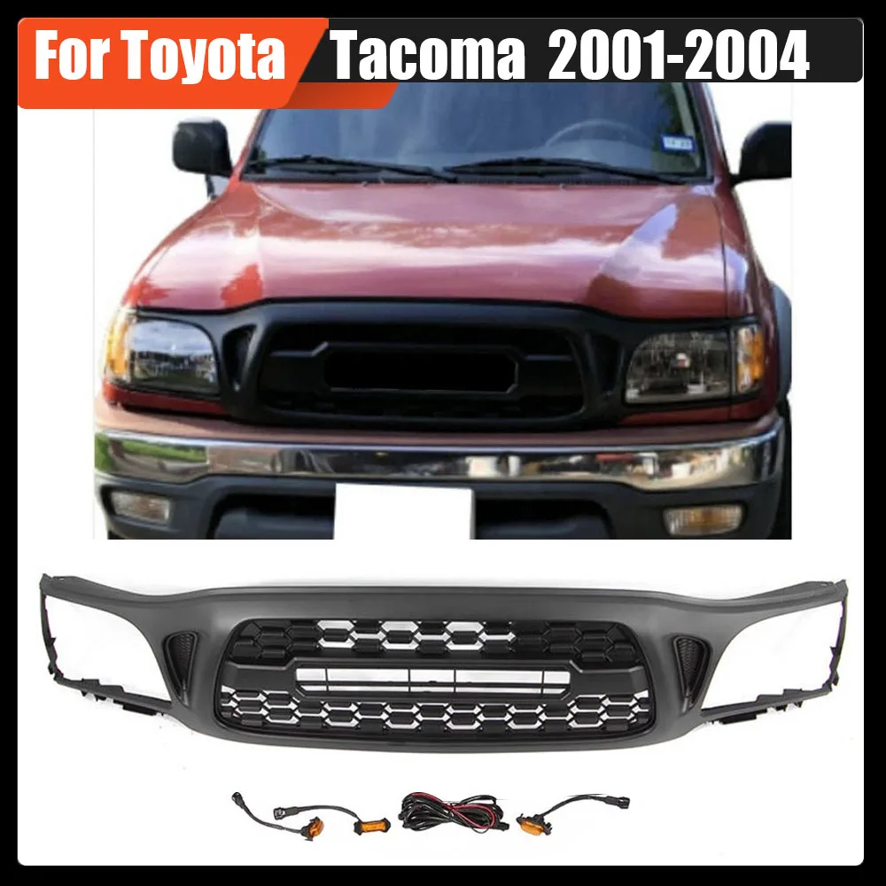 

Front Bumper Grille Trims Cover Racing Grills Black Compatible Mash Grill With 3 LED Lights Fit For Toyota Tacoma 2001-2004