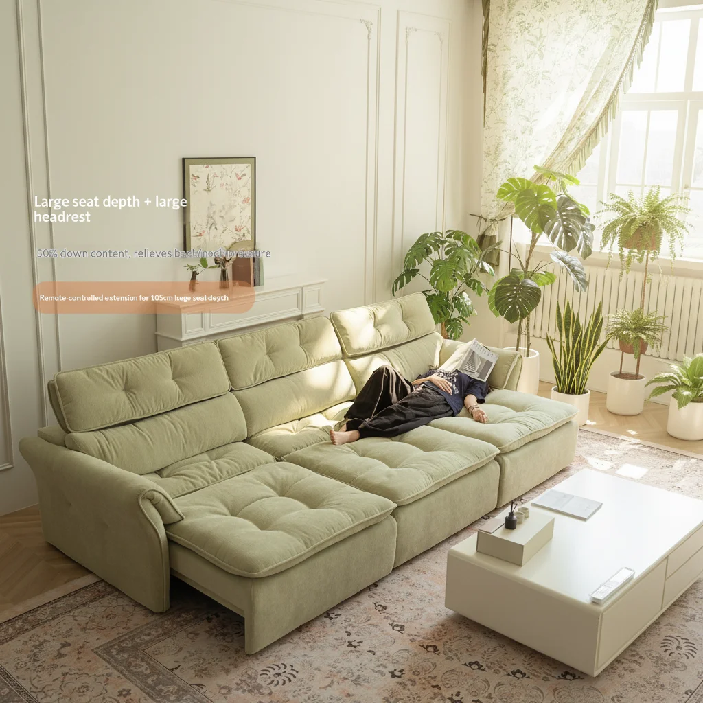 #Electric Sofa Living Room High Back Deep Seat Adjustable Headrest Retractable Function Chenille Fabric Power Recliner Sofa