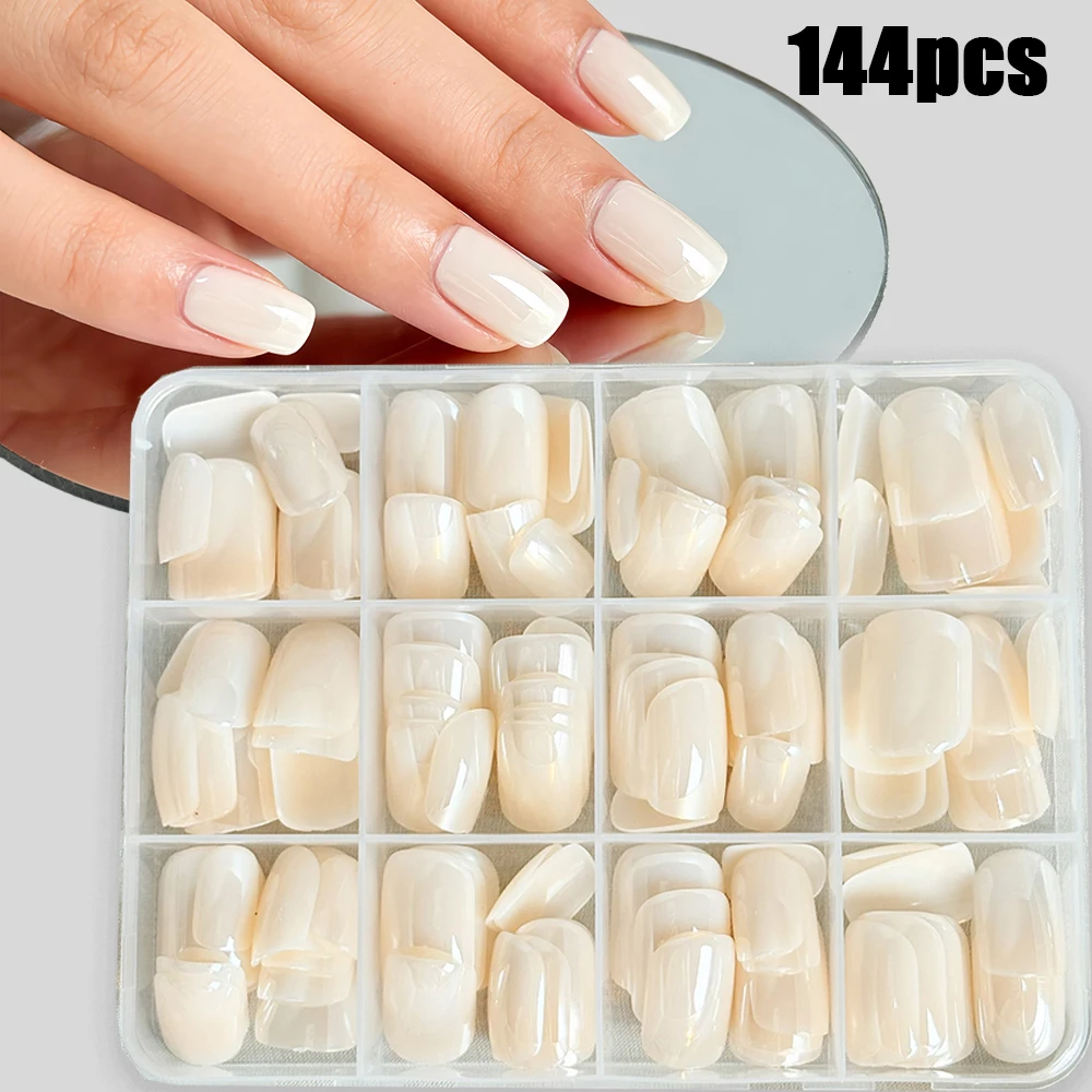 

144 шт./кор. Бежевый Белый Жемчуг Блеск Накладные Ногти Короткие Квадратные Прозрачные Хромированные Пресс на Ногти Полное Покрытие Удобные Носимые Накладные Ногти