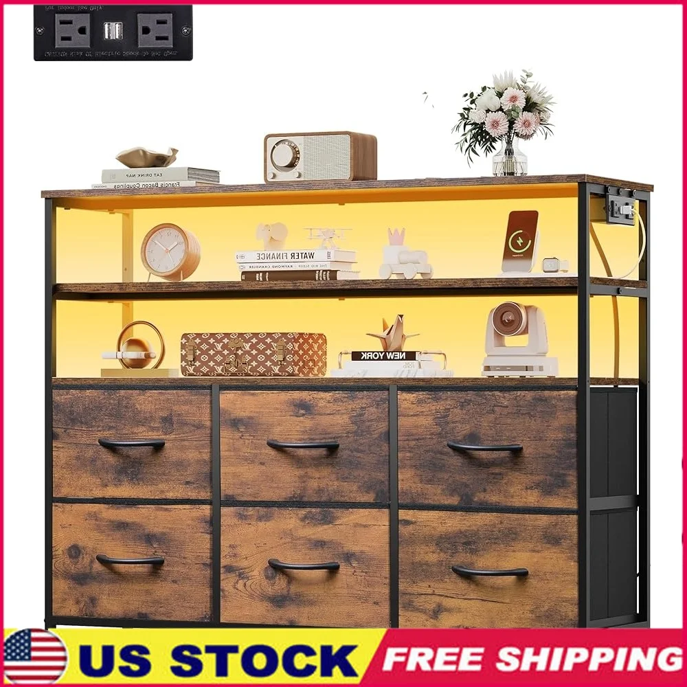 

6 Drawer Dresser with LED Lights and Charging Station Fabric Chest of Drawers Open Shelves Storage Unit Bedroom Living Room