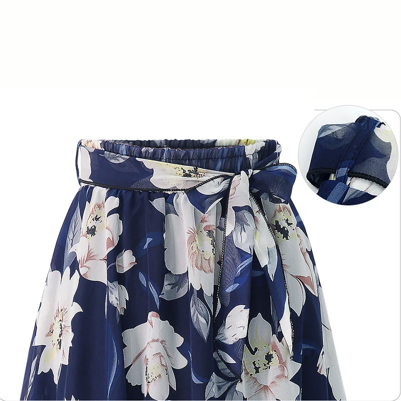 Plus Size Print Floral Skirt Women 2024 Summer Loose Elastic High Waist Chiffon Midi Skirts Lace Up Bow L-5XL Swing Jupe Femme