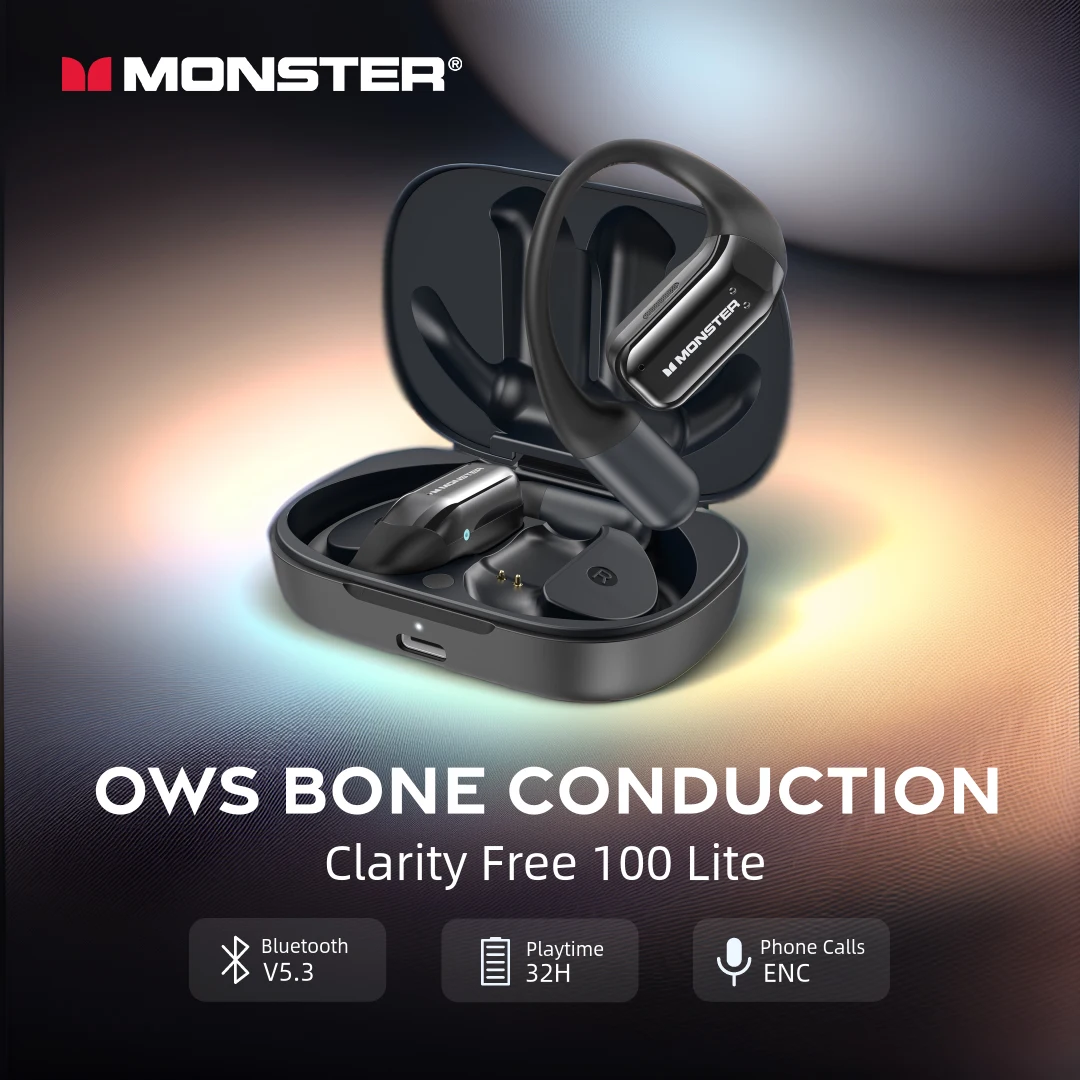 Monster OWS Bone Conduction Wireless Headphones Bluetooth 5.3 Open Ear Sport Ear Hook 32H ENC Noise Cancelling IPX5 Earphones