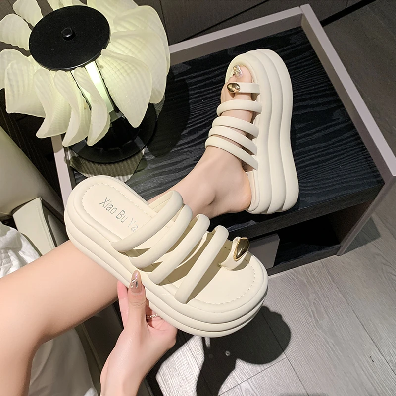 NEW Women Metal Toe Ring Multi Band Chunky Layered Platform Slides Open Toe Minimal Casual Summer Fashion Sandals Slippers Shoes