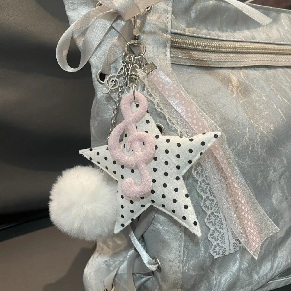 Sweet Polka Dot Star Pendant Keychain Angel Wings Bow Ribbon Bag Charm Lace Music Note Key Ring