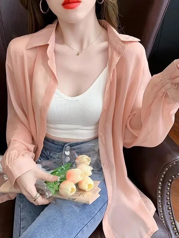 

Women's Summer 2025 New Ba-tied Ultra-thin Faionable Sun Protection irt Lace Cariure Loose Long Sve Collar