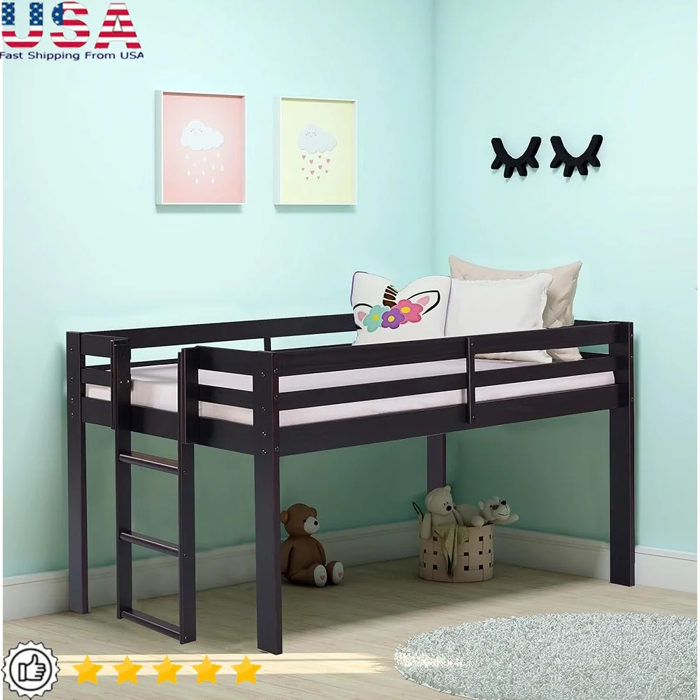 

Twin Wood Junior Loft Bed Pine Construction Space Saving Design Ladder Storage Safe Play Area Kids Bedroom Furniture