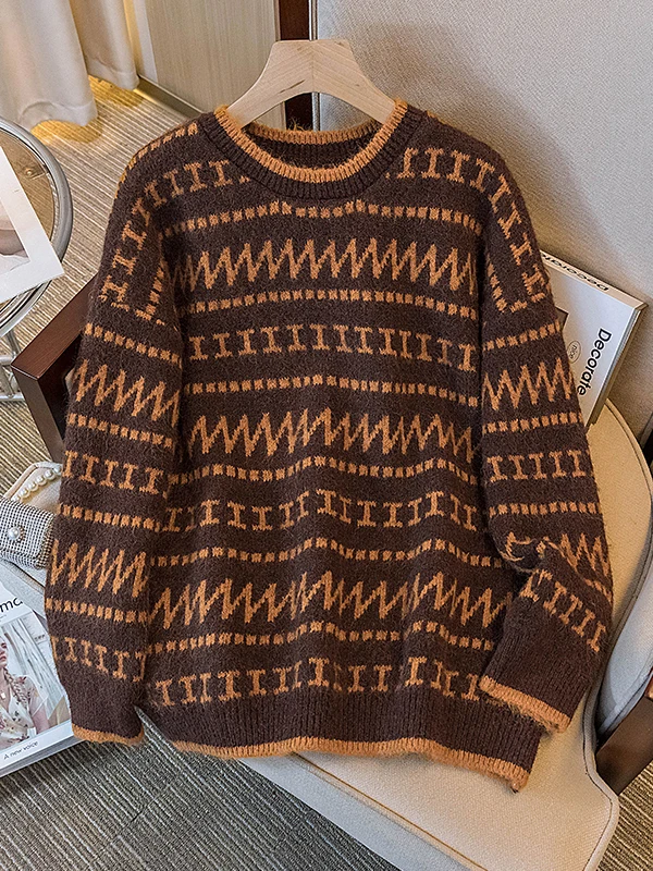 

Retro Striped Knitwear Top Loose Fit Soft Cozy Versatile Autumn Winter Women's plus Size Faion Comfortable round Ne Long ...