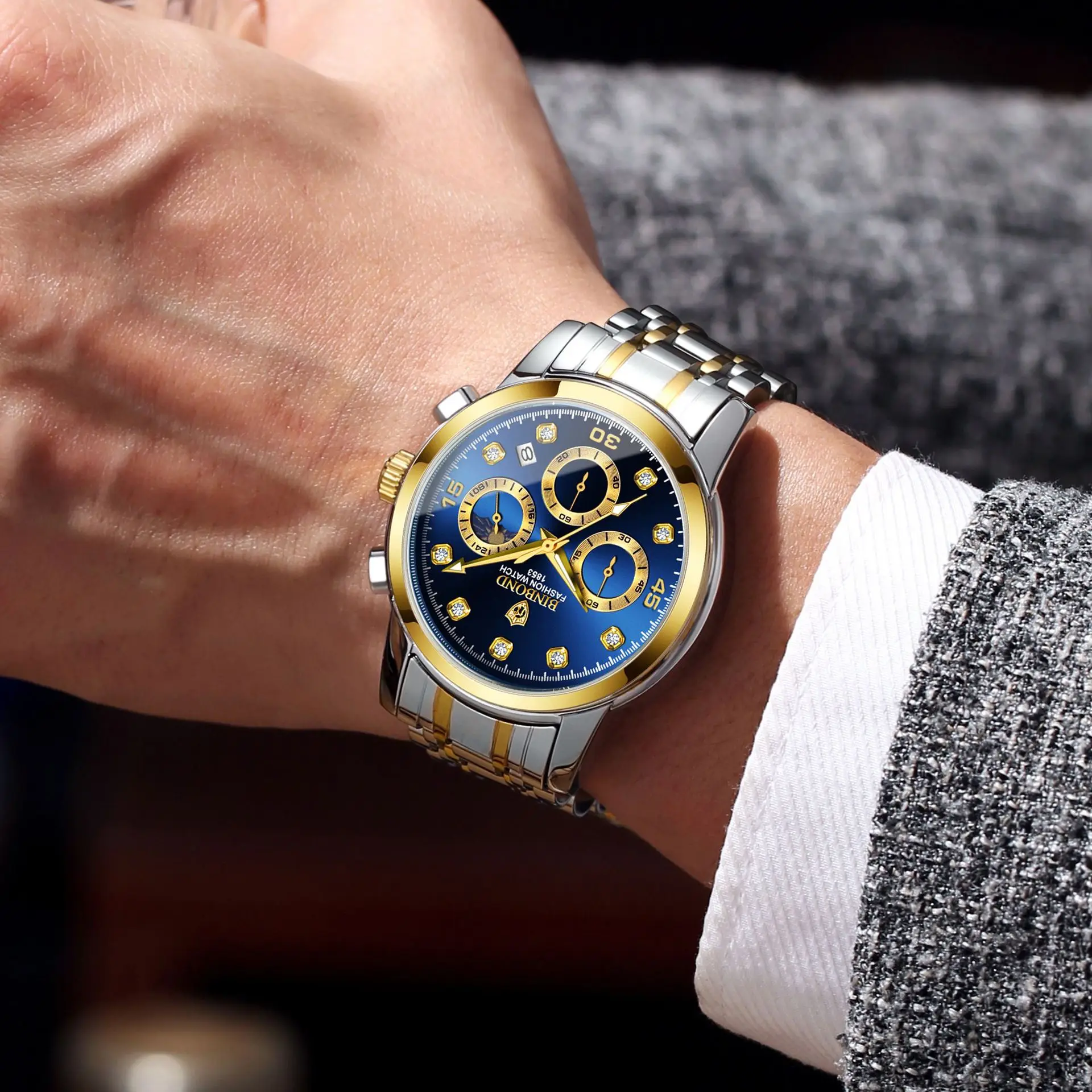 BINBOND Luxury Business Fashion Timing Quartz Watch Men's Stainless Steel Waterproof Luminous Multi functional Moonphase Watch