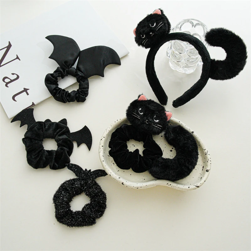 

Halloween Black Cat Plush Headband with Tail and Bat Scrunchie Multi-Texture Set For Women Girls Cosplay Party Daily Wear