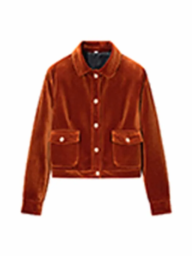 

HH Trendy Woman Long Sleeves Lapel Pocket Decoration Single Breasted Velvet Fabric Jacket Female Commuting Versatile Short Coat