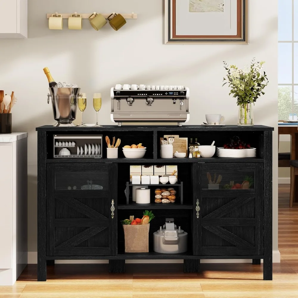 

55'' Farmhouse Buffet Cabinet with Storage, Large Sideboard Cabinet with 2 Doors & Open Storage, Versatile Coffee Bar Table for