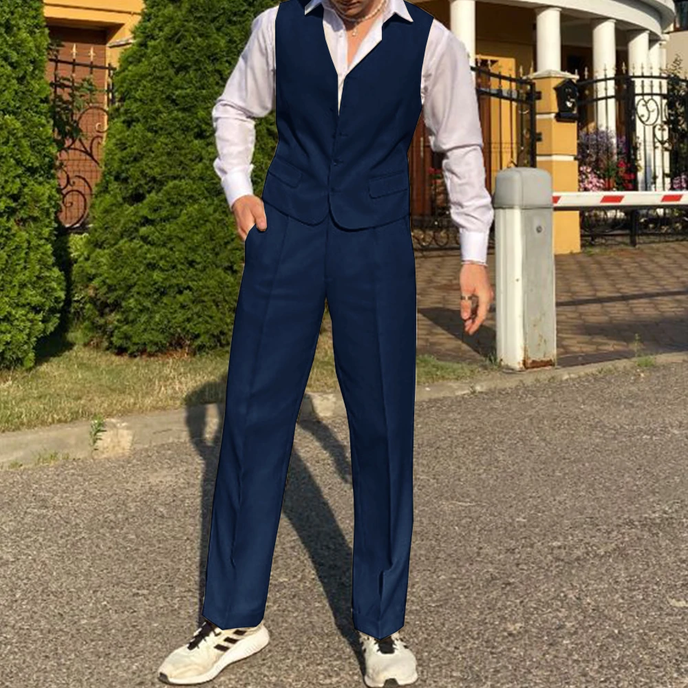 Homens colete calças terno 2 peça conjunto fino ajuste decote em v único breasted casual elegante escritório de negócios formal wear elegante confortável b