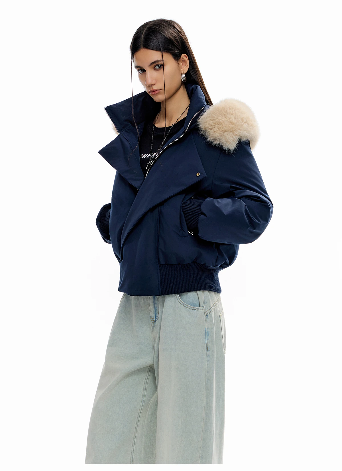 Women 2025 Winter New Sweet Parkas Sexy American Style Retro Cotton Jackets Faux Fur Collar Solid Color Long Sleeve Hooded Coats