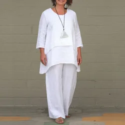 Cotton Linen Fake Two-piece White Set Women's Casual Round Neck Irregular Top + Wide-leg Pants 2-piece Suit Loose Women Outfit