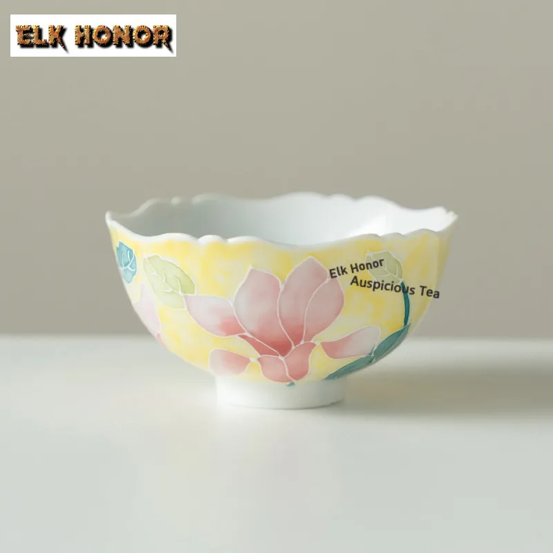 

95ml Pile Carve Mist Yellow Hand-painted Magnolia Wave Teacup Zen Tea Bowl Tea Cup Set Tea-tasting Fragrance Cup Jianzhan Gift