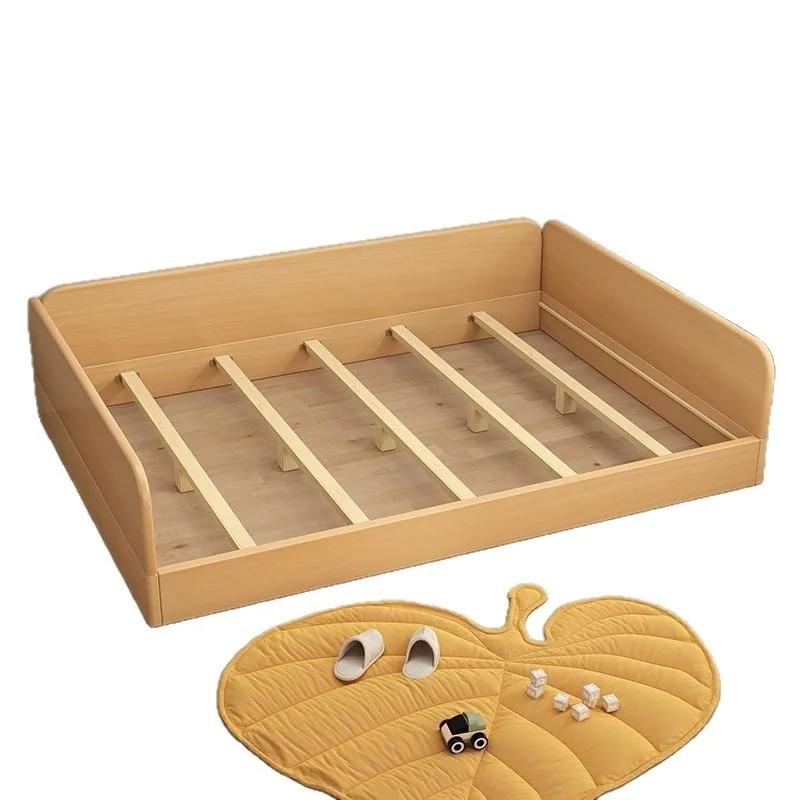 All solid wood beech bed, single-layer semi-surrounded tatami with guardrail, floor-to-ceiling double bed splicing bed
