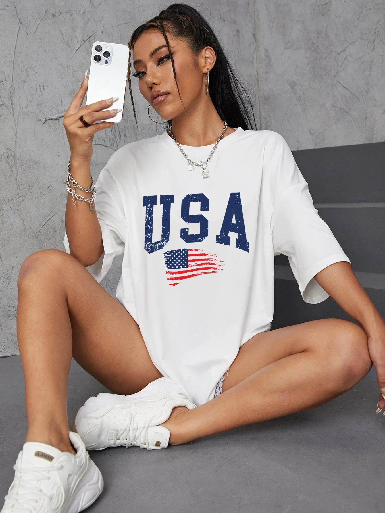 Usa Fluttering National Flag T Shirt Women Personality Street Short Sleeve Summer Cool Cotton Clothing Soft O-Neck Female Tshirt