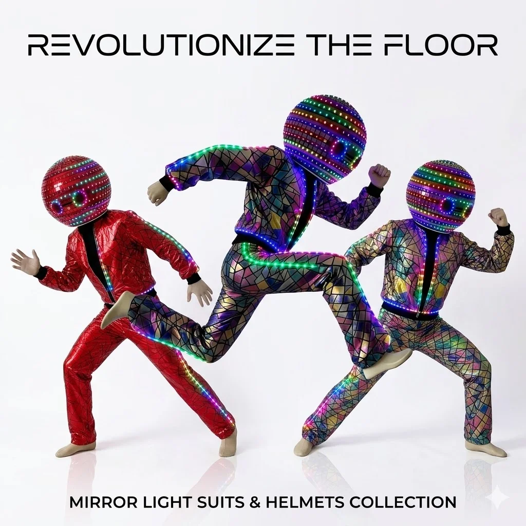 Futuristic Glossy Mirror Set | LED Disco Helmet & Jacket for Nightlife & Festival Fashion