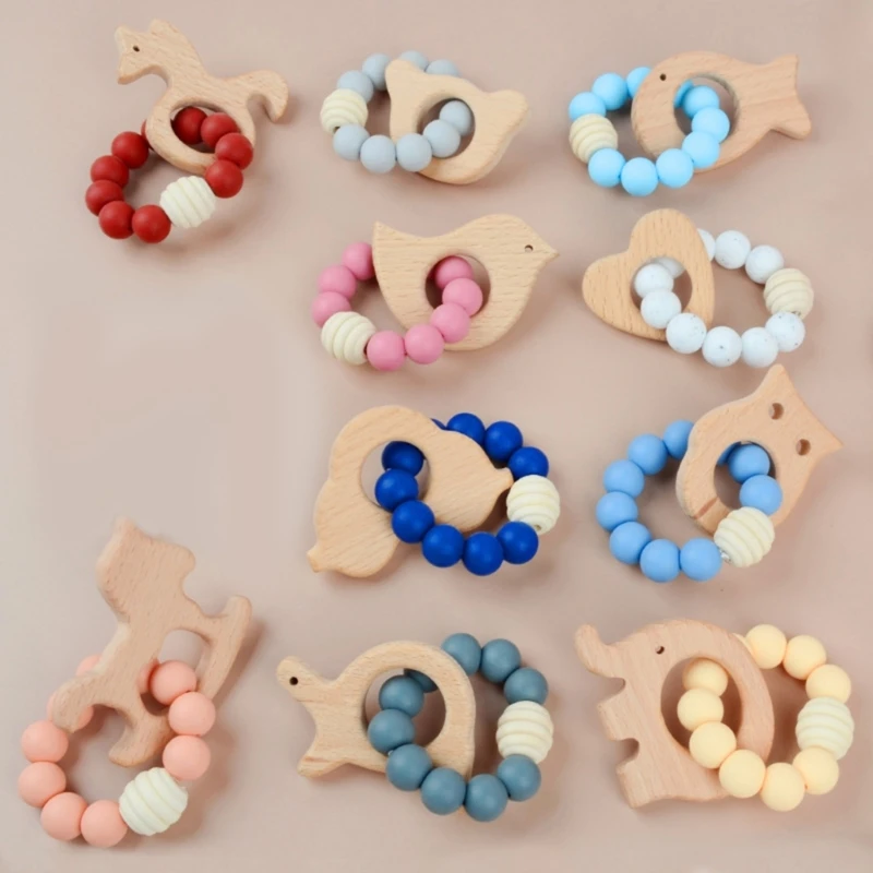 BPA Free Beech Wood Cartoon Baby Teether Food Grade Silicone Beads Newborn Teething Toys Rodent Chewing Nursing Bracelet Teether