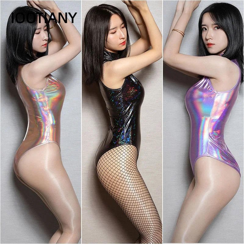 IOOTIANY Shiny Metallic PU Leather Sexy Jumpsuit Women Elastic Backless Luster Laser Fabric Sexy Erotic Lingerie Cosplay Costume