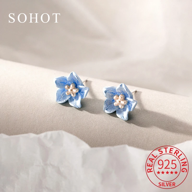 

Real 925 Sterling Silver Blue Flower Stud Earrings for Charm Women Minimalist Geometric Fine Jewelry Bohemia Accessories