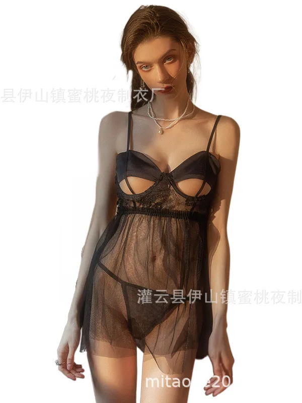 Sexy Lace Small Flower Mature Charm New Suspender With Steel Ring Transparent Mesh Backless Pure Summer Underwear Dress MMIW