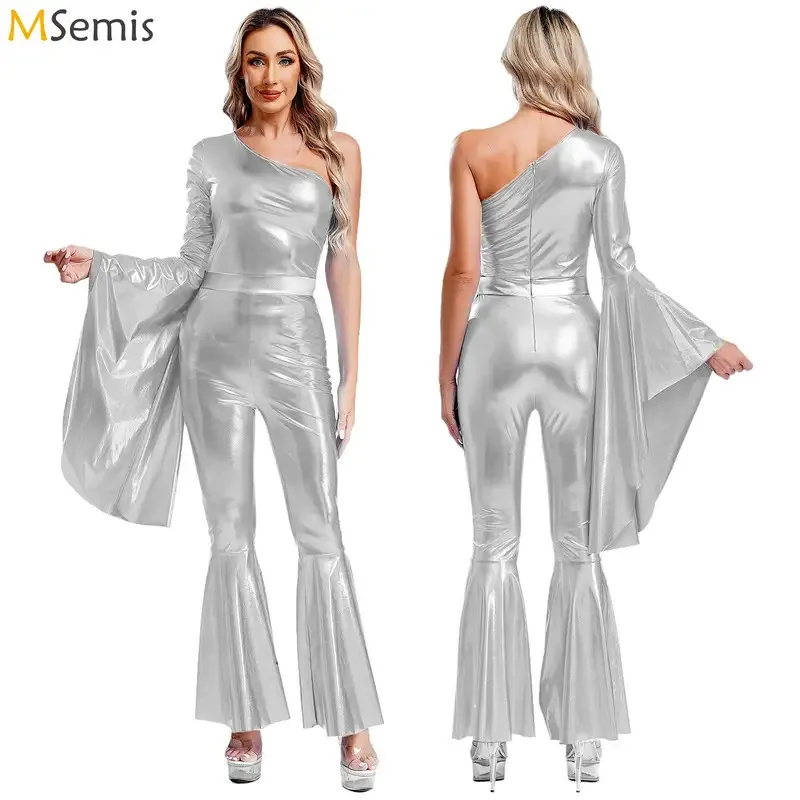 

Women Dancewear Metallic Shiny Bell-bottom Hippie Jumpsuit Halloween Theme Party Vintage 70S Disco Dress Up Flare Sleeve Costume
