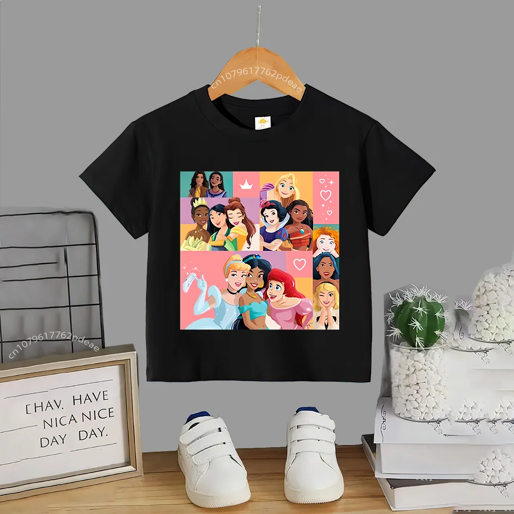 Disney Teen 100% Cotton T-shirt Baby Baby Top Printed playful Barbie Princess Cotton T-shirt Boys Girls Comfortable casual short