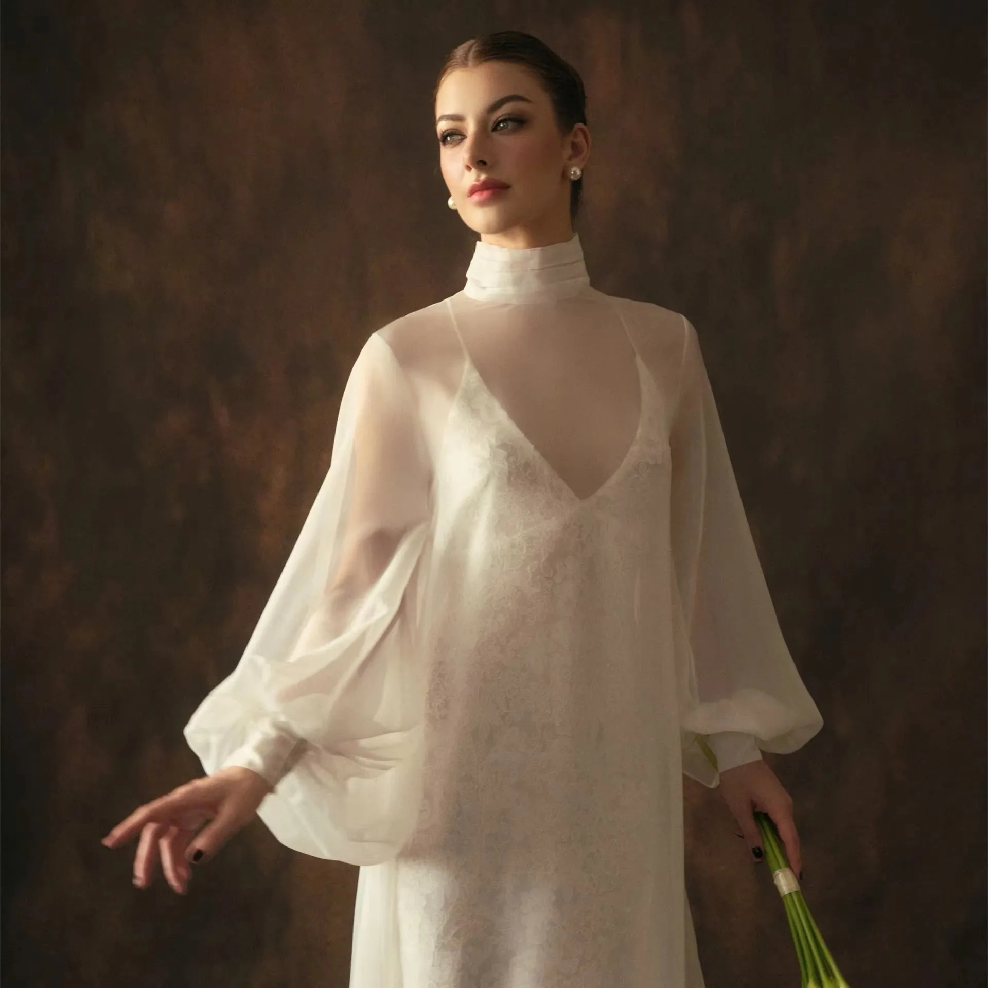 LOVE Two Piece Wedding Dress High Neck Puff Long Sleeve Sheer Chiffon Outer Coat Lace Slip Bridal Gown Small Train Bride Dress