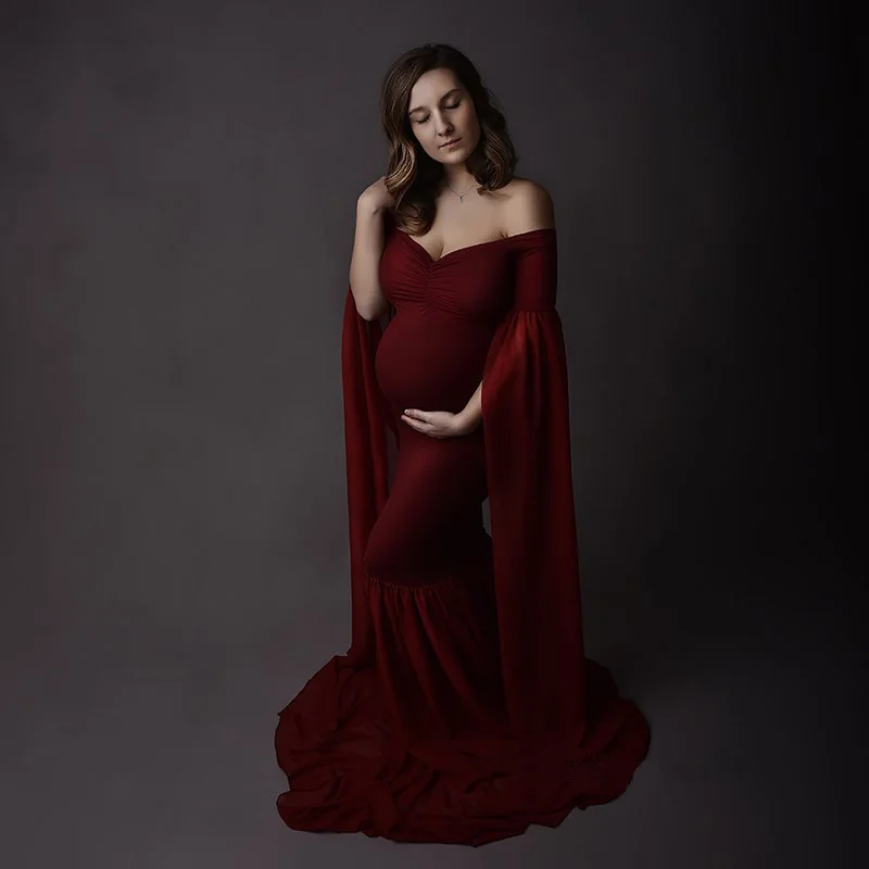 

One Shoulder Maternity Dresses Clothes For Pregnant Women Dress Lace Photo Shoot Costume Vestidos Maxi Dress Elegant Gown