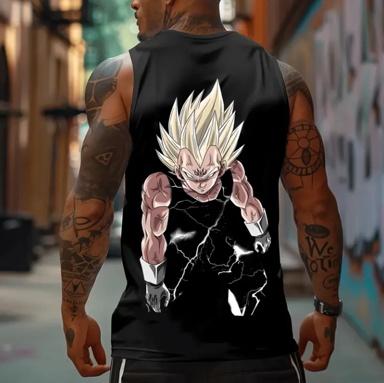 سترة دون أكمام للرجال مطبوعة بشخصية رسمية من Dragon Ball، ملابس شارع أنيمي ريترو، سترة لياقة بدنية، تي شيرت، ملابس يومية