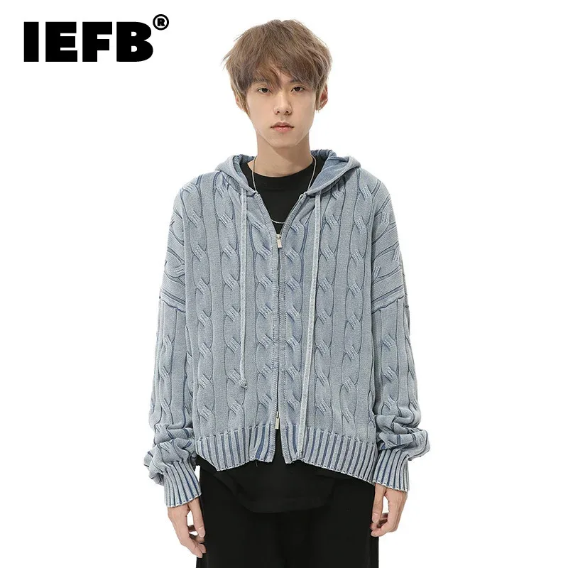 

IEFB Korean Style Men's Cardigan Hooded Drawstring Weave Double Zippers Solid Color Loose Male Sweater Autumn Simple 2024 9C7746