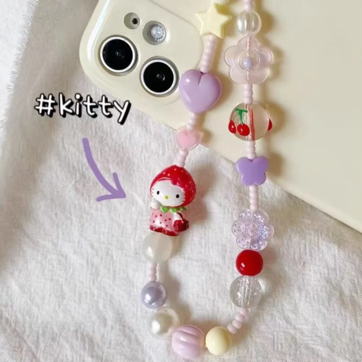 2024 New Hello Kitty Strawberry Head Mobile Phone Chain Anime Sanrio Original Design Pink Purple Cute Girl Hanging Decoration