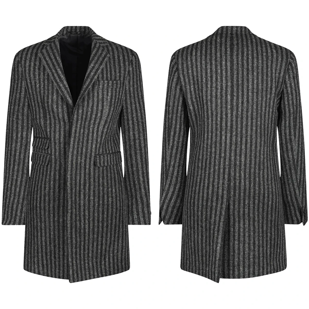 Winter Pinstriped Long Coat For Men Slim Fit Windbreak Woolen Overcoat Business Office Jacket Custom Made