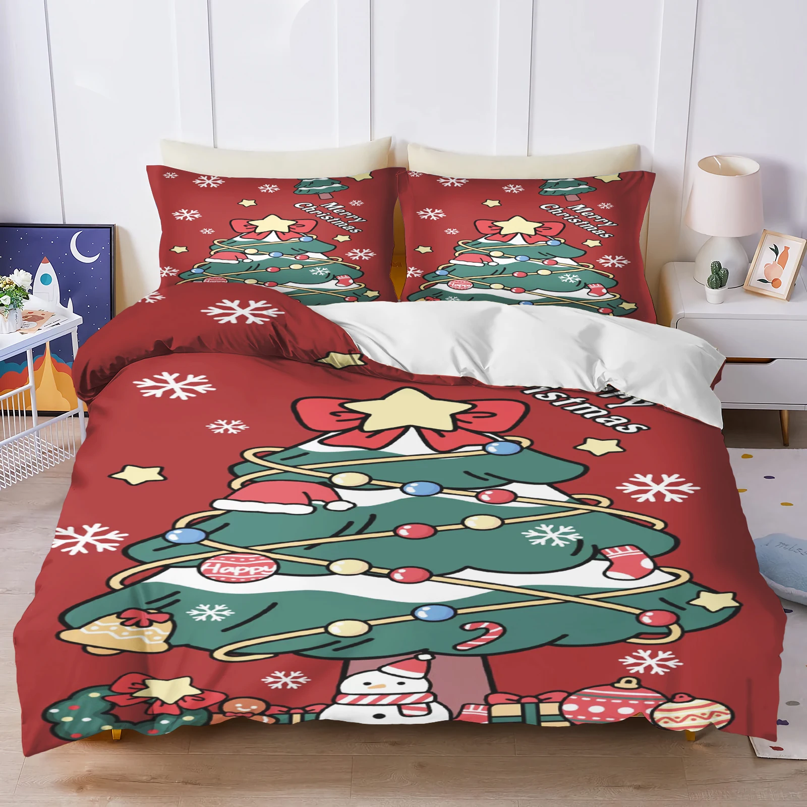 Cute Cartoon Christmas Tree Bedding Set Snowman Candy Cane Bell Snowflake Red Print Duvet Cover Set Kids Xmas Bedroom Decor Gift