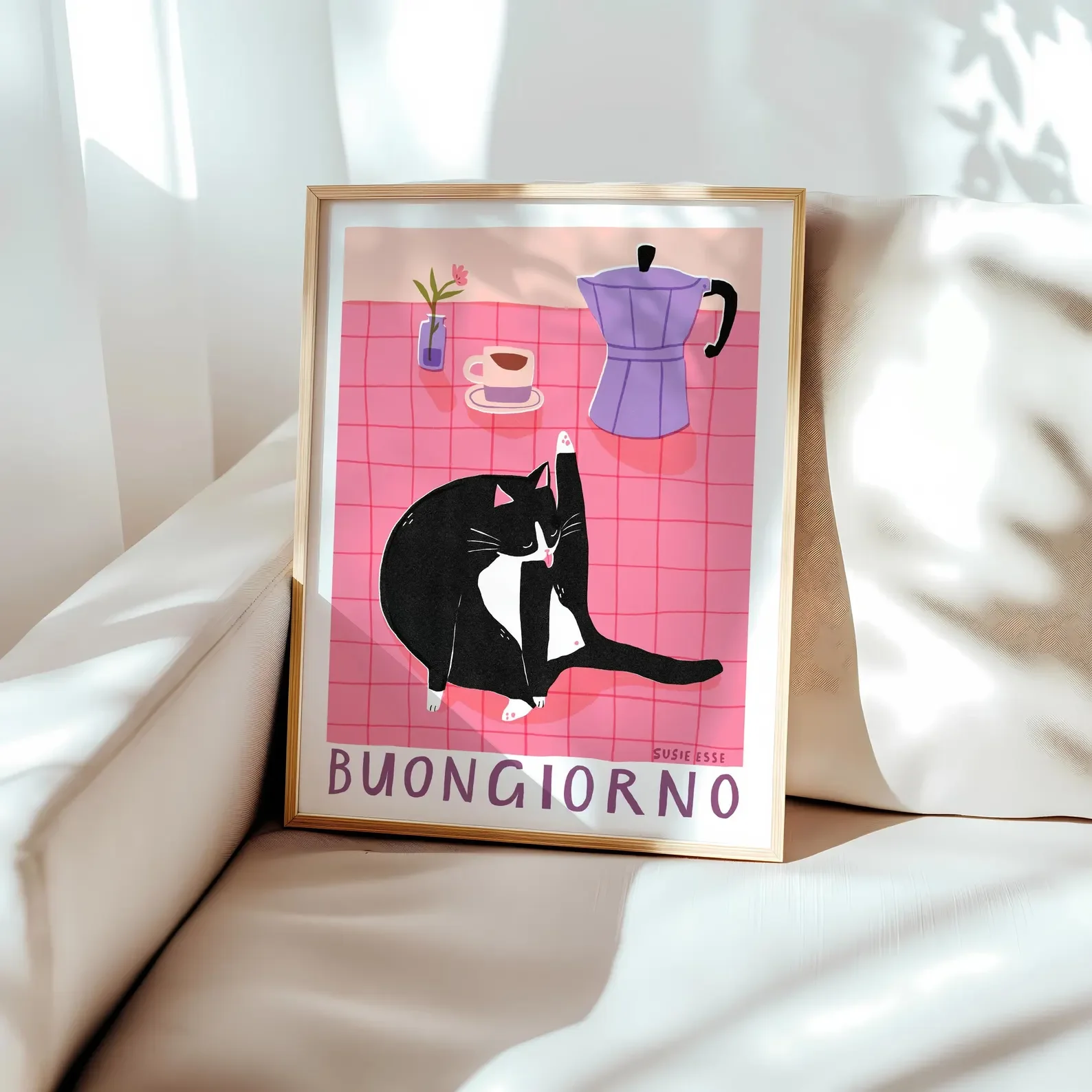 Buongiorno Smoking-Katze, Wandkunstdruck, Küche, Esszimmer, physischer Druck, schwarze und weiße Katze, Gemälde, ungerahmtes Katzenposter, Geschenkdekoration
