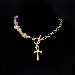 Ankh Symbol Stainless Steel Clavicle Chain Necklace Women Gold Color Irregular Colorful Natural Stone Choker Necklaces NAA01S04
