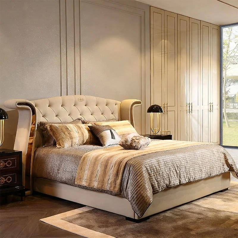 Luxury bed set with leather gold border headboard and soft package suitable for modern home furniture in villas
