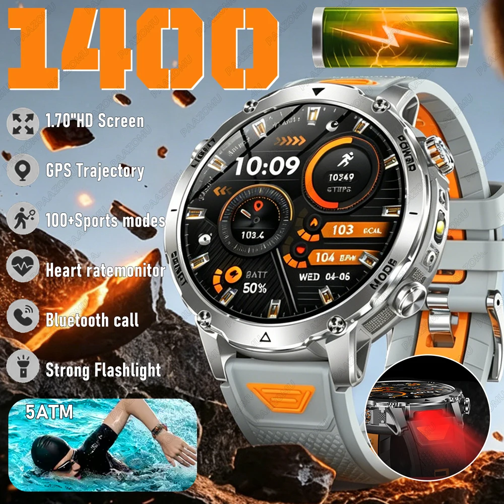 

2026 New Military Smart Watch 1400mAh Battery 5ATM Waterproof Flashlight Heart Rate Sports tracker Smartwatch Men T-Rex 3 Ultra
