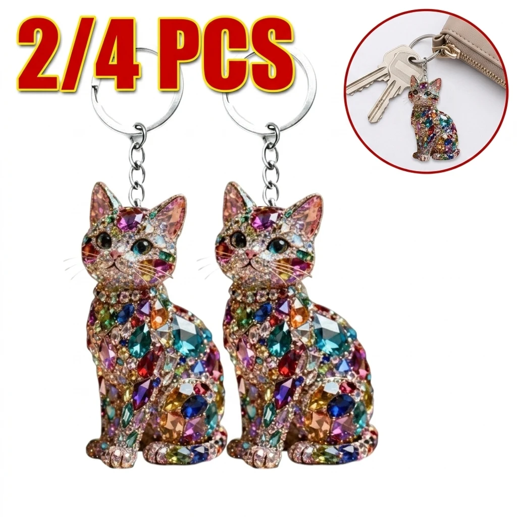 2/4PCS Fashion Cute Rhinestone Cat Keychain Mini Acrylic Kitten Hanging Ornament 2D Flat Key Ring Gifts