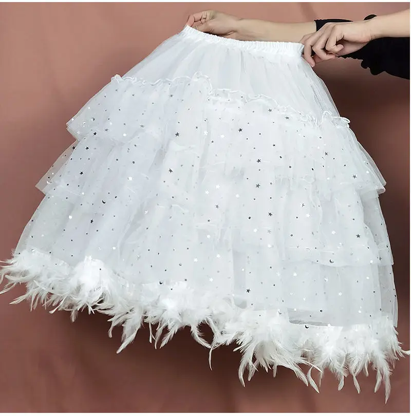 

Women Feather Trim Gorgeous Petticoat Fluffy Bubble Tulle Skirt Crinoline Daily Adjustable Fishbone Bride Wedding Skirt Support