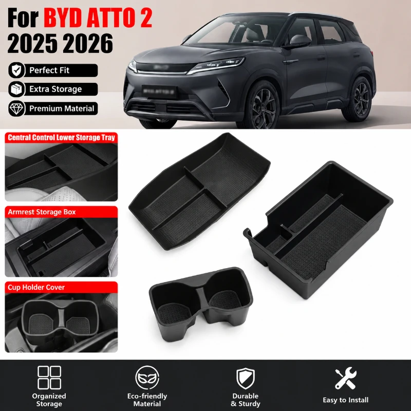 Per BYD ATTO 2 2025 2026: Scatola portaoggetti per bracciolo console centrale, organizer sottoconsolle, vassoio porta bicchieri, copertura, accessori auto