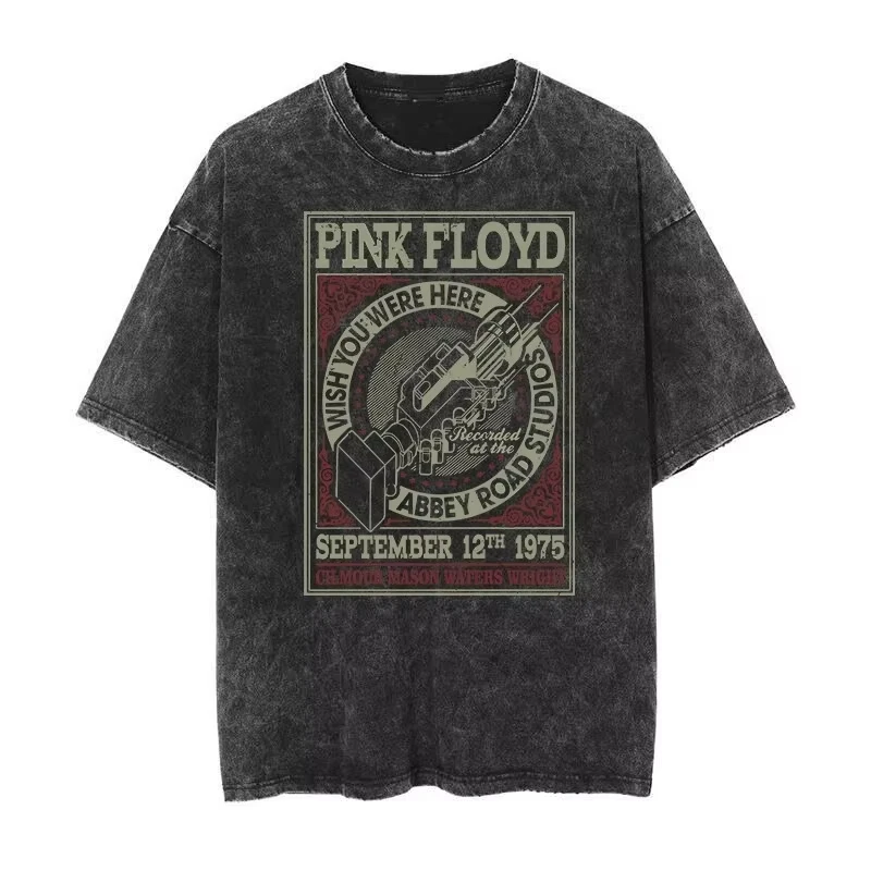 New Arrival Distressed Washed Graphic T-shirt for Men, Pink Floyd Rock Themed Men's Casual Apparel T-shirt