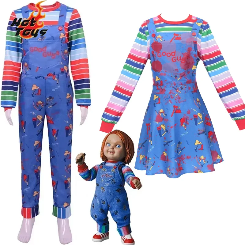 Costume di Halloween Chucky boy girl Play tuta da cartone animato blu con camicia a righe per Costume Cosplay Chucky adulto