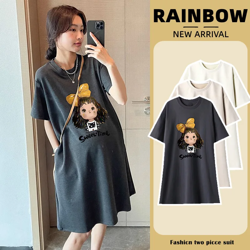 Letnia sukienka ciążowa Nowa sukienka ciążowa Modna, swobodna, słodka, redukująca wiek, luźna, duży rozmiar, mała spódnica T-Shirt