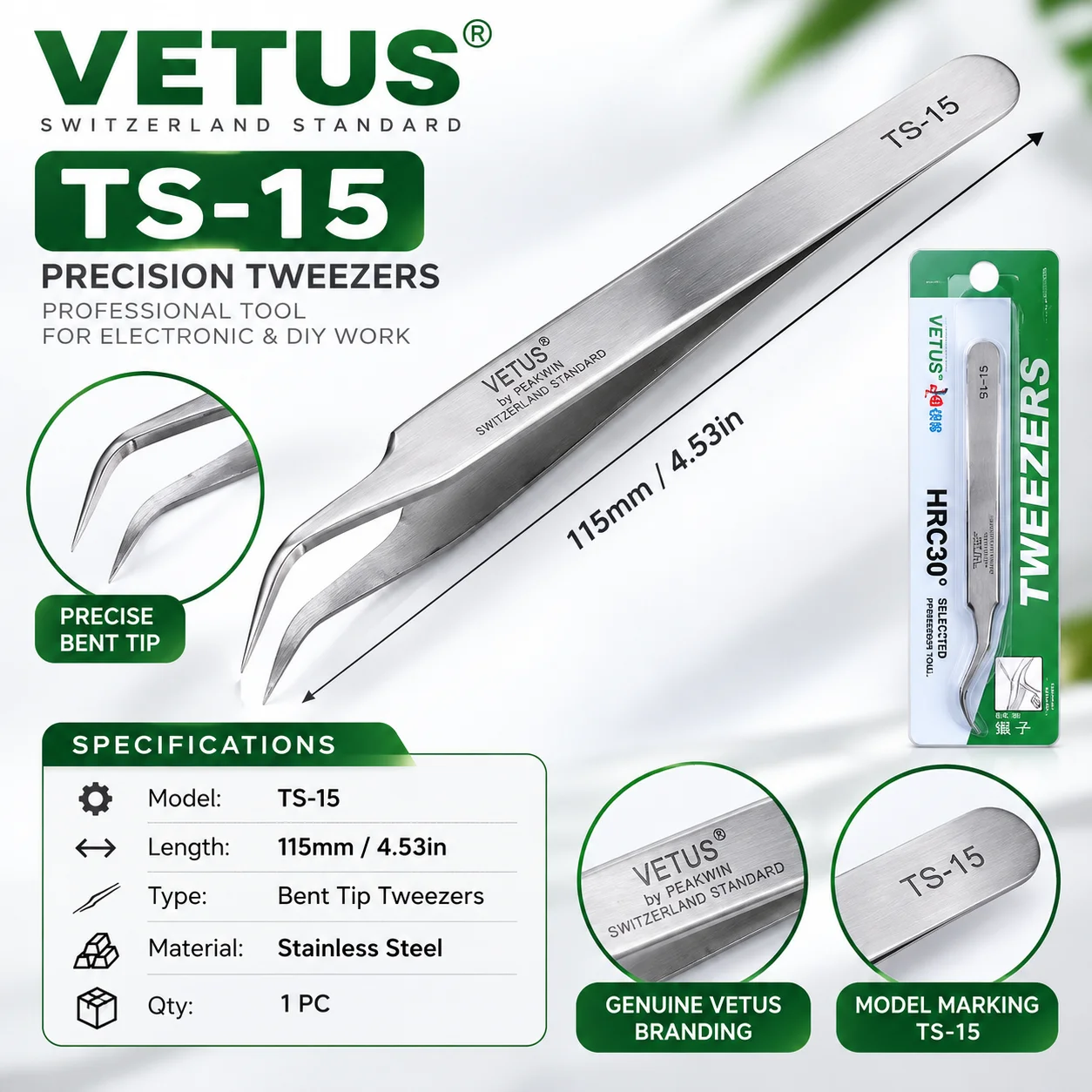 1 Stück TS-15 Vetus Pinzette Pinzas Edelstahl Präzisionspinzette Herramientas Elektriker Handwerkzeuge – Detail 1