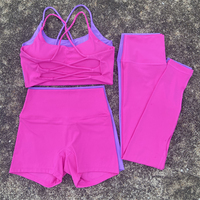 3 Piece Yoga Shorts Set Gym Sports Set Women Workout Outfit Fitness Suit Cross Straps Bra High Waist Shorts Leggings Tracksuit