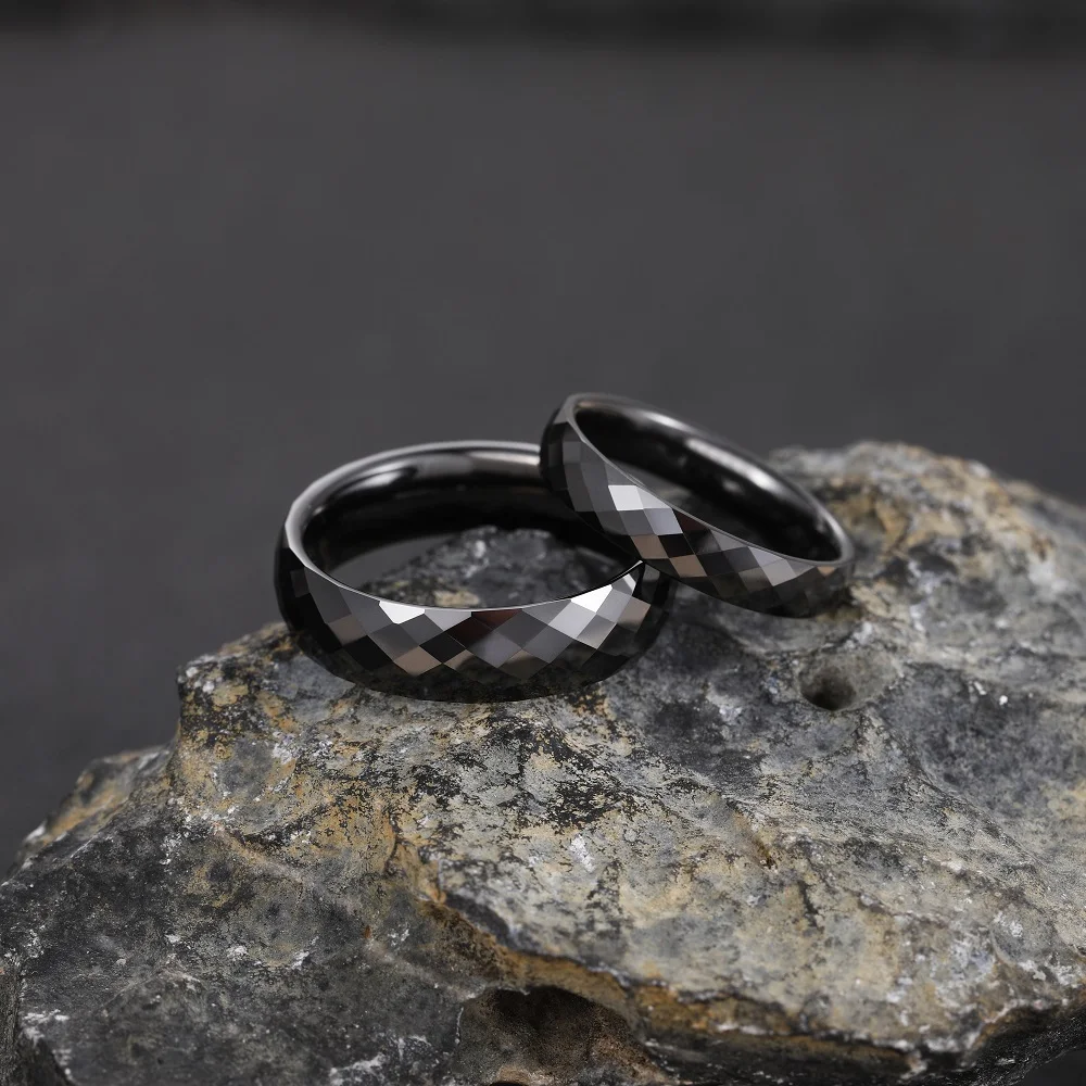 Tigrade White Ceramic Rings for Women 4/6mm Diamond Cut Black Ring Unisex Wedding Band Shiny Naturel Material Allergy Free