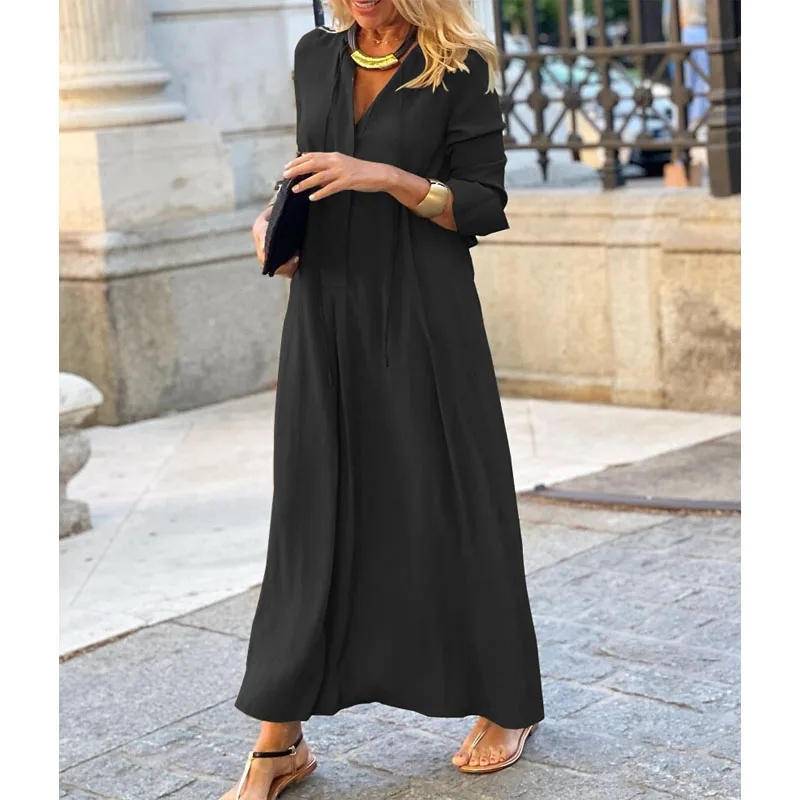 Robe taille haute à manches longues et col en V pour femmes, poches d'épissure, simple, solide, document, vêtements pour femmes, mode, automne, hiver, nouveau, 2023