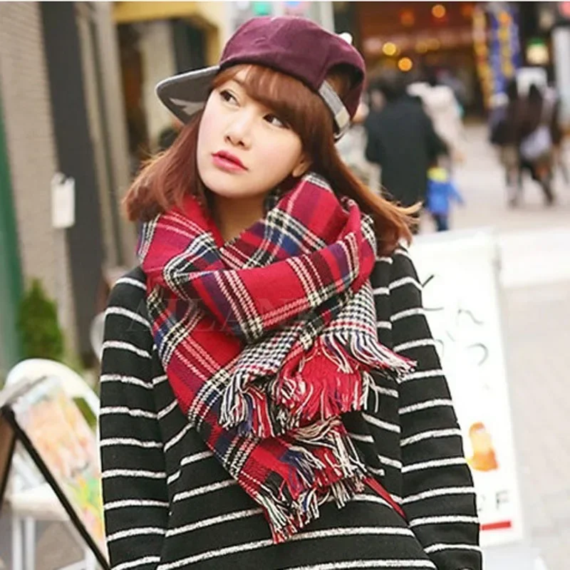 Winter Brand Plaid Cashmere Scarf Women Oversized Double Knit Wool Warm Pashmina Shawls Check Blanket Ponchos and Capes W3110